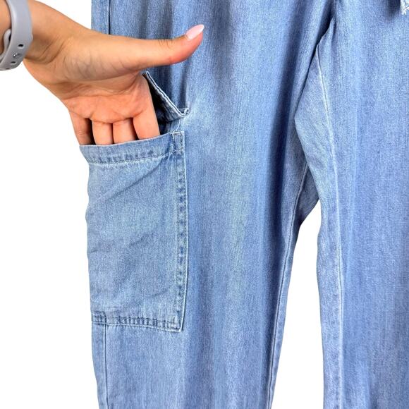 TGLA Light Wash Chambray Blue High Paperbag Waist Belted Cargo Pocket Joggers - Picture 5 of 10